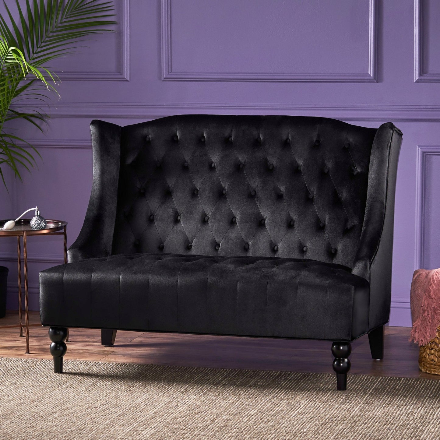 Black Velvet Loveseat Sofa – Modern Glam Wingback Tufted 2-Seater Couch - 1st Choice Furniture Direct