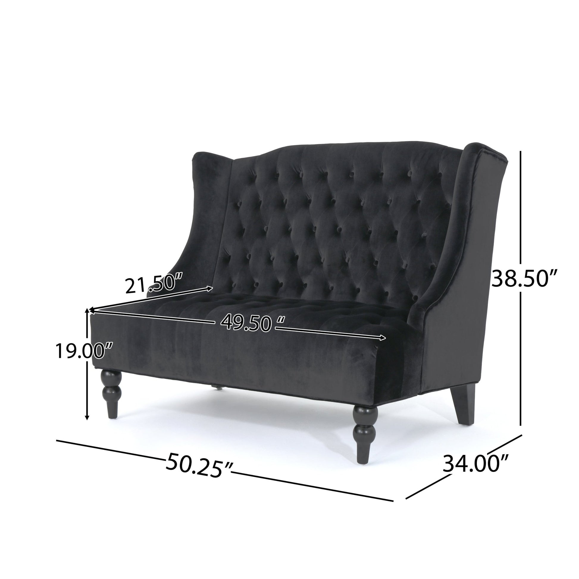 Black Velvet Loveseat Sofa – Modern Glam Wingback Tufted 2-Seater Couch - 1st Choice Furniture Direct