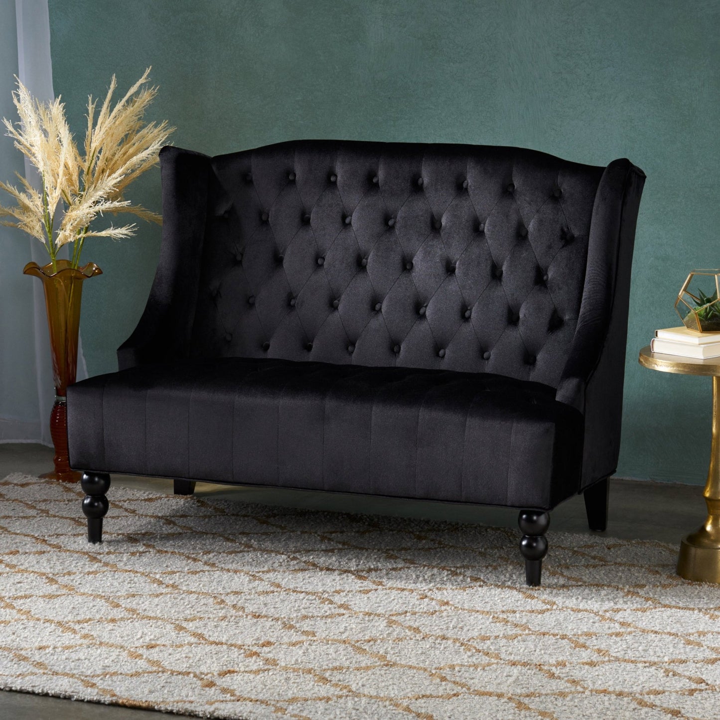 Black Velvet Loveseat Sofa – Modern Glam Wingback Tufted 2-Seater Couch - 1st Choice Furniture Direct