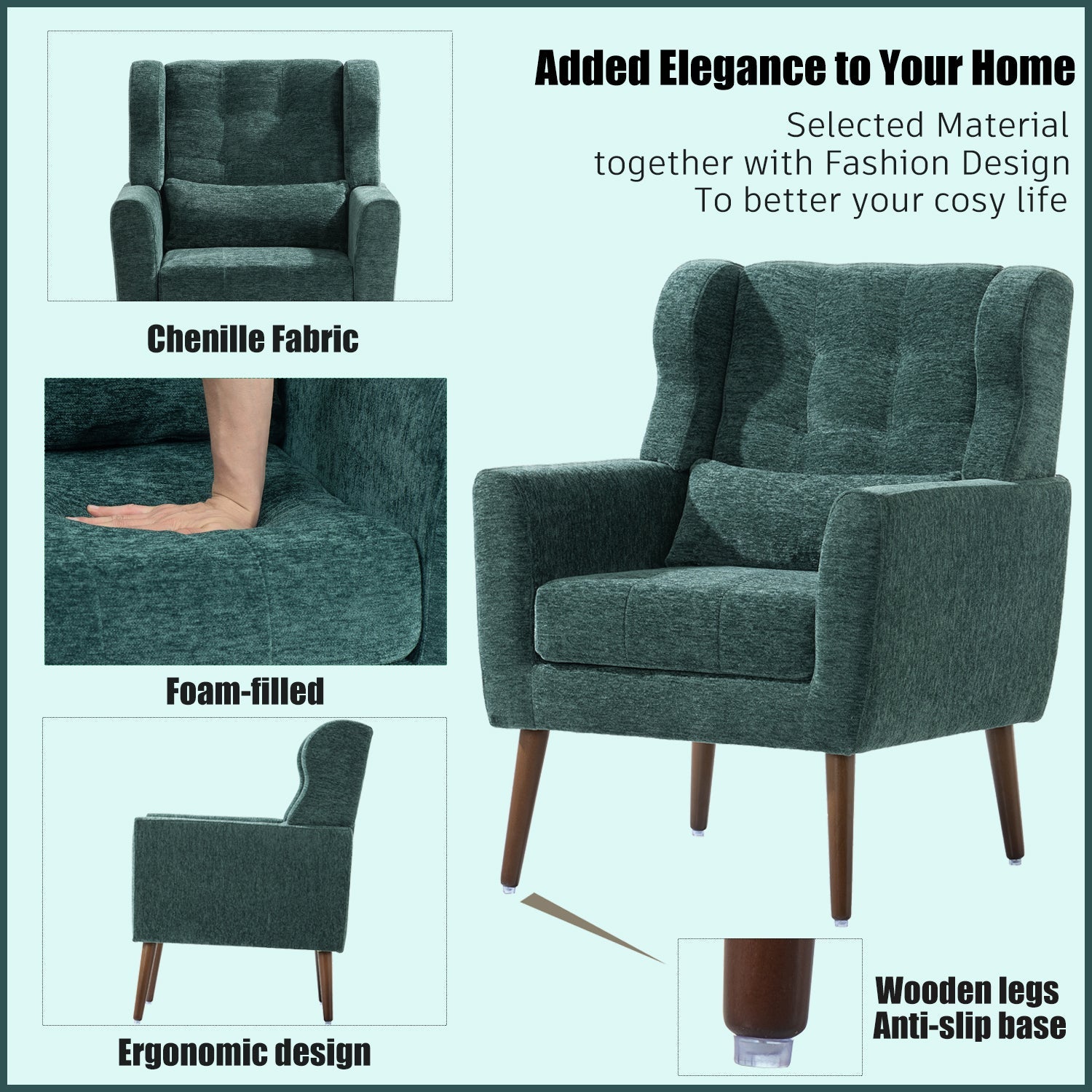 Blackish Green Chenille Accent Chair with Lumbar Pillow - 1st Choice Furniture Direct