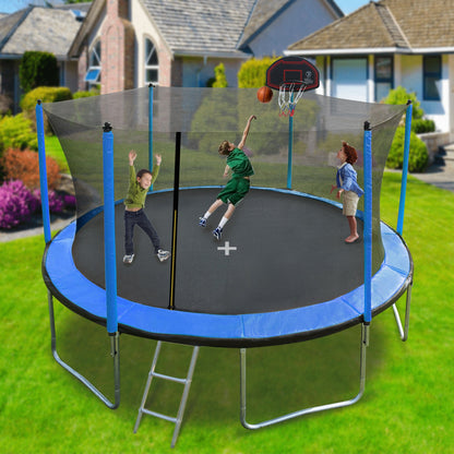 Blue 15FT Trampoline with Basketball Hoop and Ladder, Inner Safety Enclosure, Stainless Steel Frame - 1st Choice Furniture Direct
