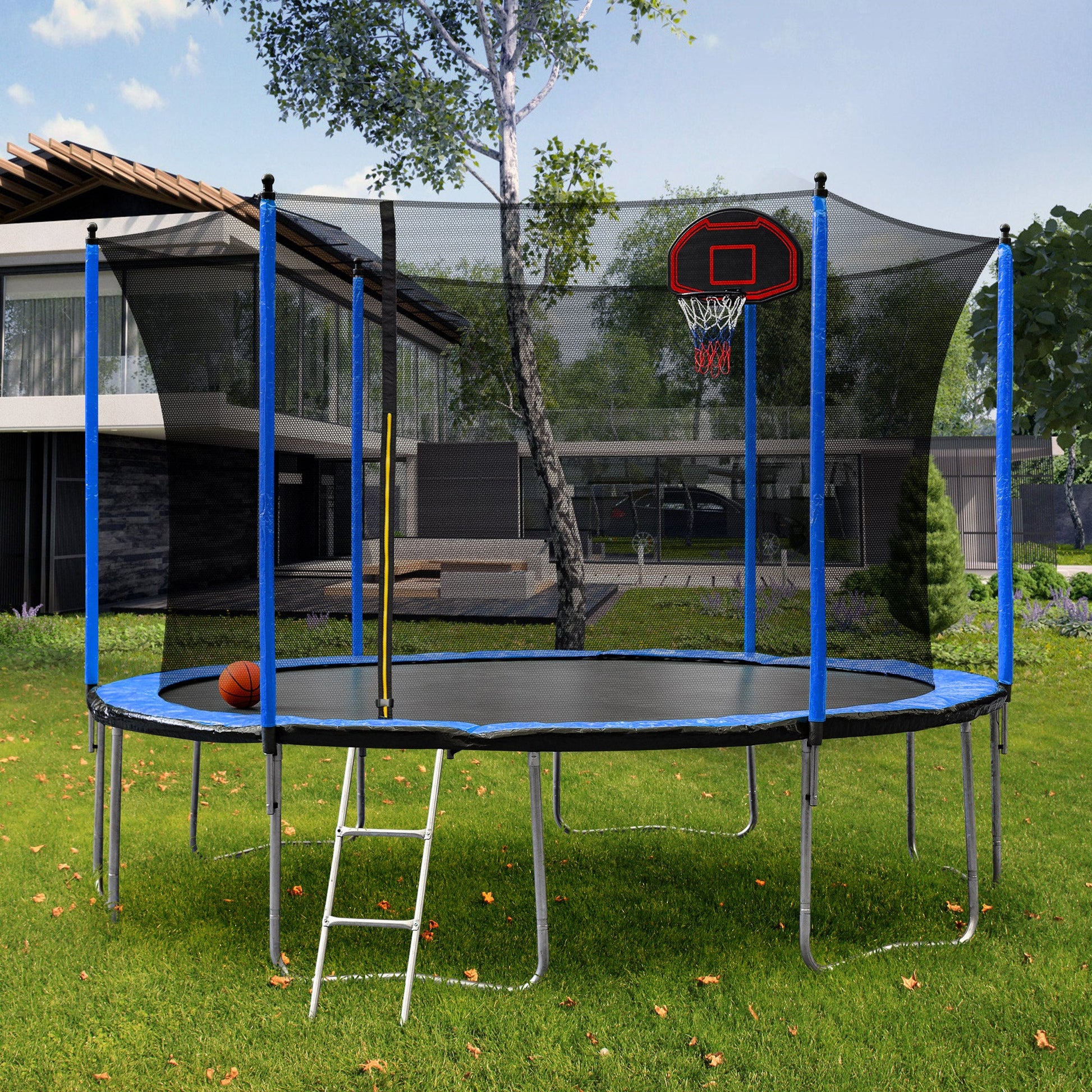 Blue 15FT Trampoline with Basketball Hoop and Ladder, Inner Safety Enclosure, Stainless Steel Frame - 1st Choice Furniture Direct