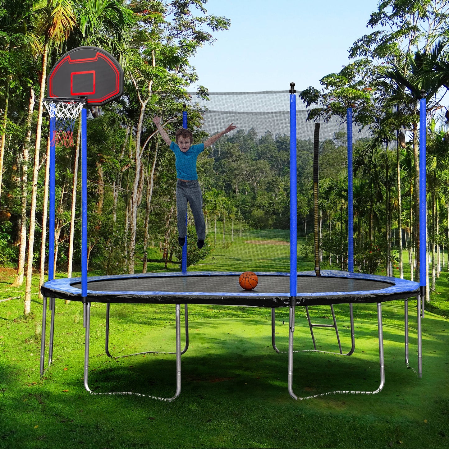 Blue 15FT Trampoline with Basketball Hoop and Ladder, Inner Safety Enclosure, Stainless Steel Frame - 1st Choice Furniture Direct