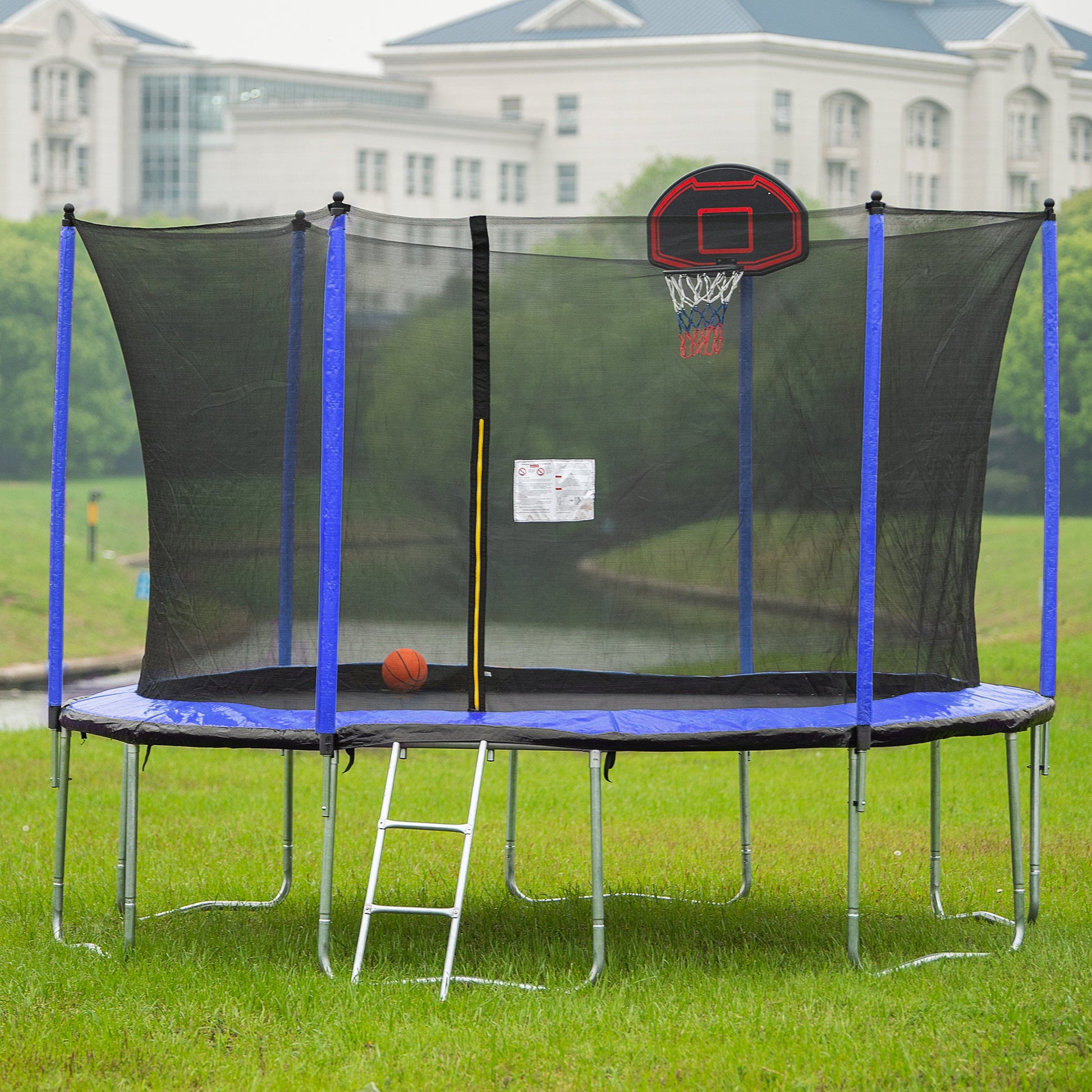 Blue 15FT Trampoline with Basketball Hoop and Ladder, Inner Safety Enclosure, Stainless Steel Frame - 1st Choice Furniture Direct
