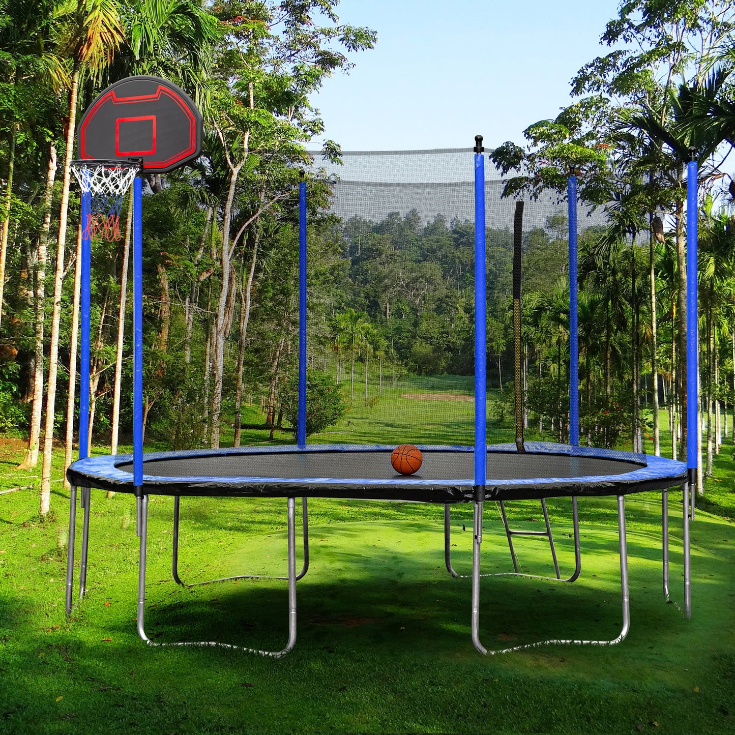 Blue 15FT Trampoline with Basketball Hoop and Ladder, Inner Safety Enclosure, Stainless Steel Frame - 1st Choice Furniture Direct