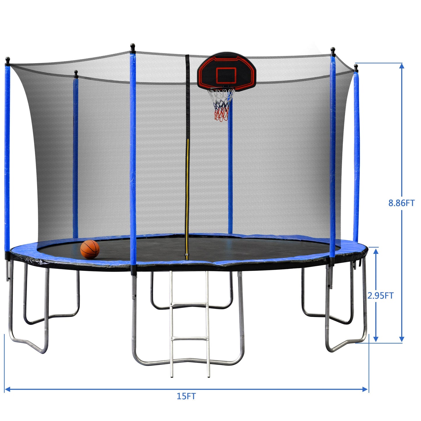 Blue 15FT Trampoline with Basketball Hoop and Ladder, Inner Safety Enclosure, Stainless Steel Frame - 1st Choice Furniture Direct