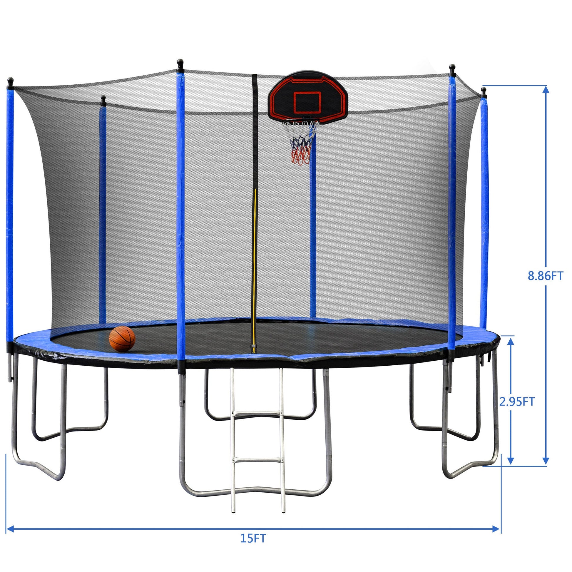 Blue 15FT Trampoline with Basketball Hoop and Ladder, Inner Safety Enclosure, Stainless Steel Frame - 1st Choice Furniture Direct