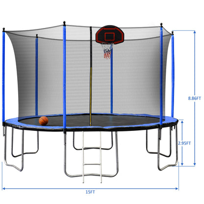 Blue 15FT Trampoline with Basketball Hoop and Ladder, Inner Safety Enclosure, Stainless Steel Frame - 1st Choice Furniture Direct