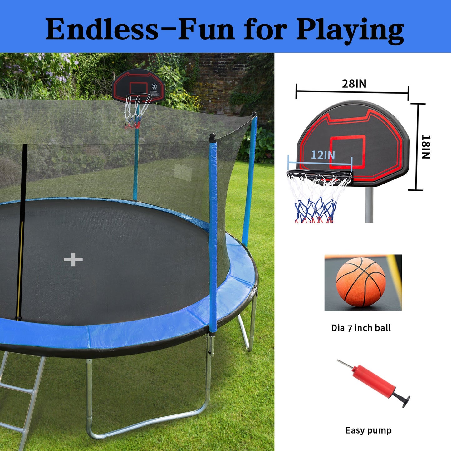 Blue 15FT Trampoline with Basketball Hoop and Ladder, Inner Safety Enclosure, Stainless Steel Frame - 1st Choice Furniture Direct