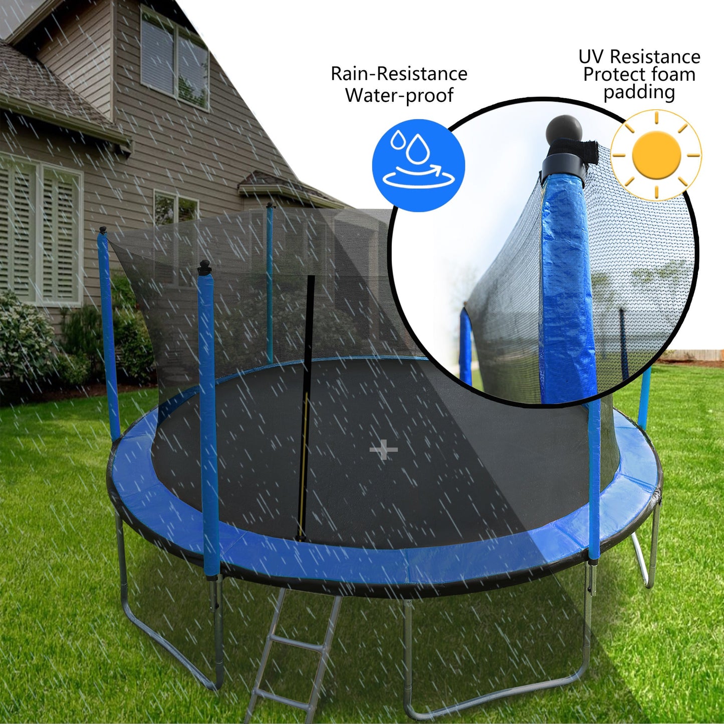 Blue 15FT Trampoline with Basketball Hoop and Ladder, Inner Safety Enclosure, Stainless Steel Frame - 1st Choice Furniture Direct