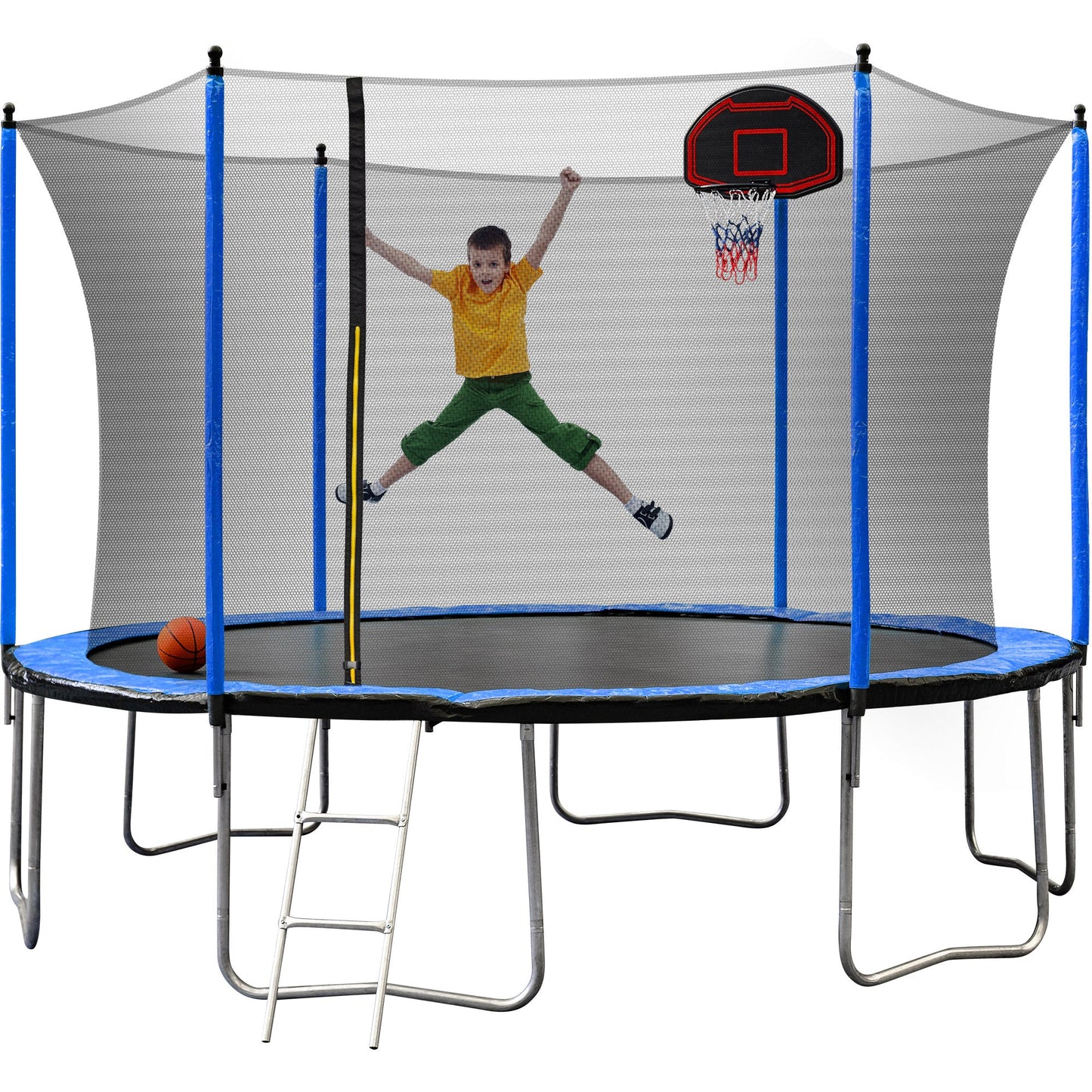 Blue 15FT Trampoline with Basketball Hoop and Ladder, Inner Safety Enclosure, Stainless Steel Frame - 1st Choice Furniture Direct