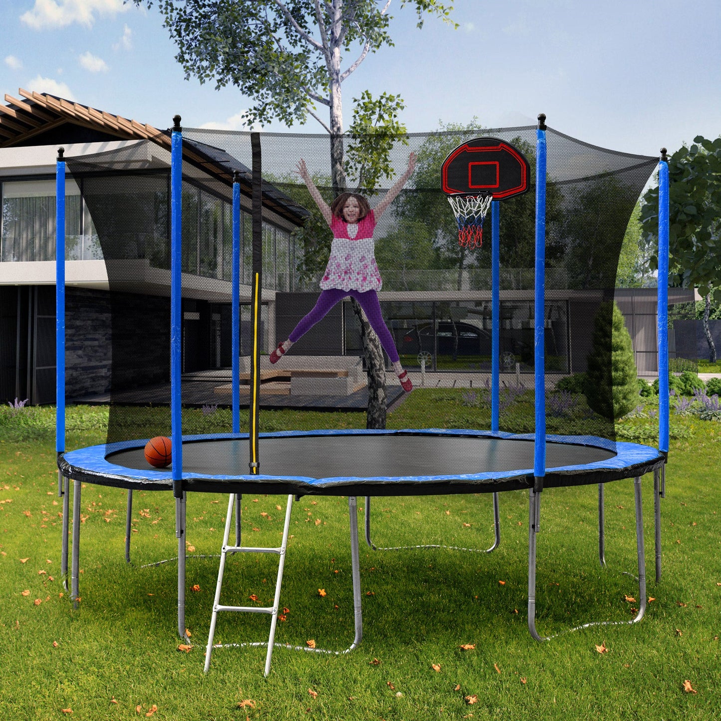 Blue 15FT Trampoline with Basketball Hoop and Ladder, Inner Safety Enclosure, Stainless Steel Frame - 1st Choice Furniture Direct