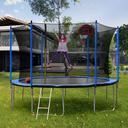 Blue 15FT Trampoline with Basketball Hoop and Ladder, Inner Safety Enclosure, Stainless Steel Frame - 1st Choice Furniture Direct