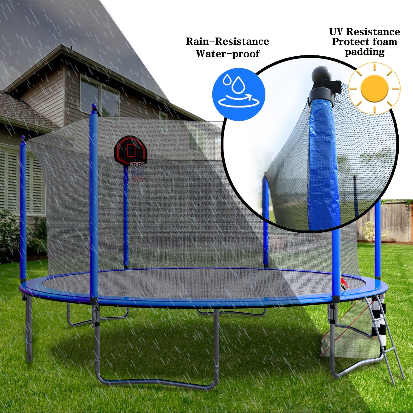 Blue 16FT Trampoline with Basketball Hoop, Pump, Ladder, Inner Safety Enclosure & Soccer Goal - 1st Choice Furniture Direct