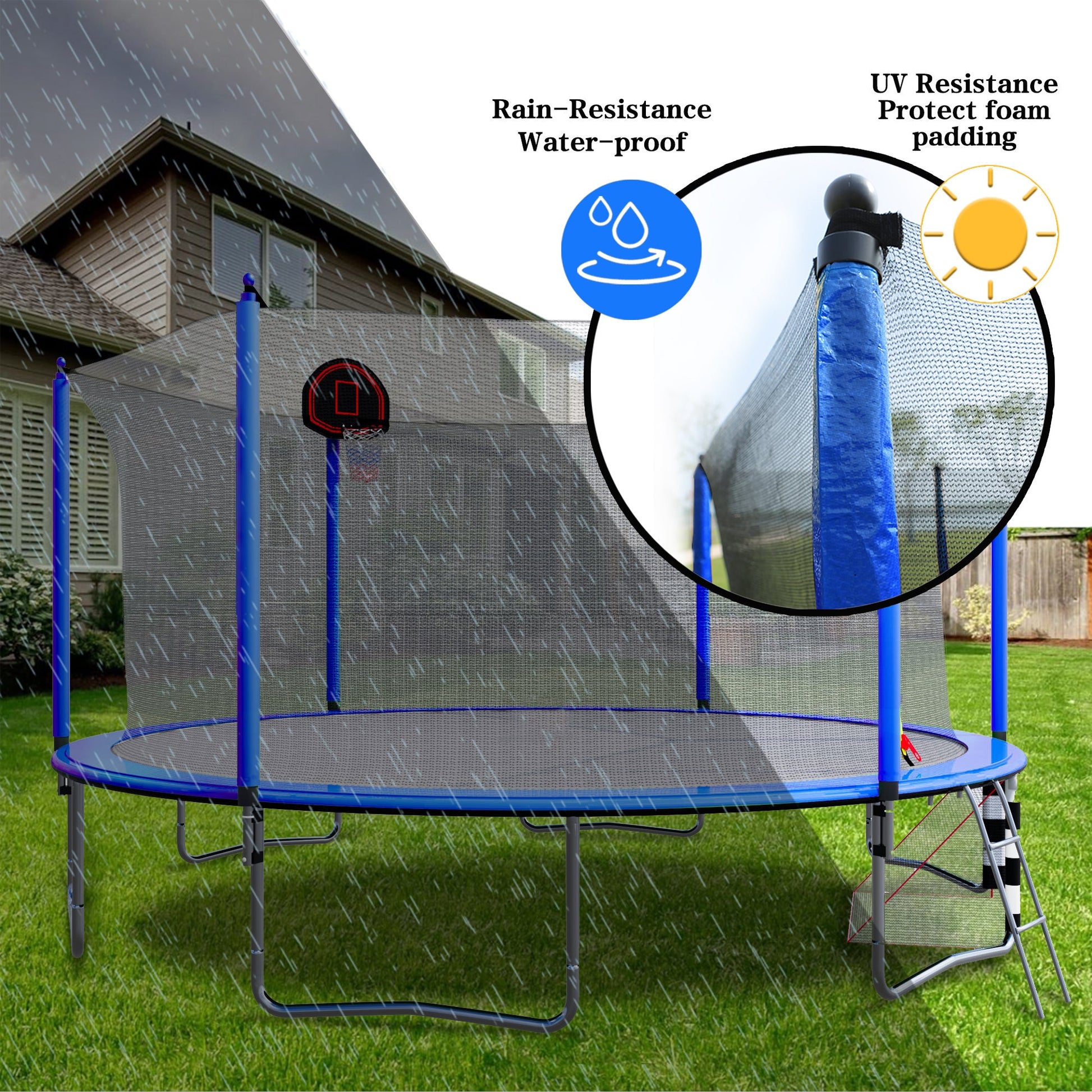 Blue 16FT Trampoline with Basketball Hoop, Pump, Ladder, Inner Safety Enclosure & Soccer Goal - 1st Choice Furniture Direct