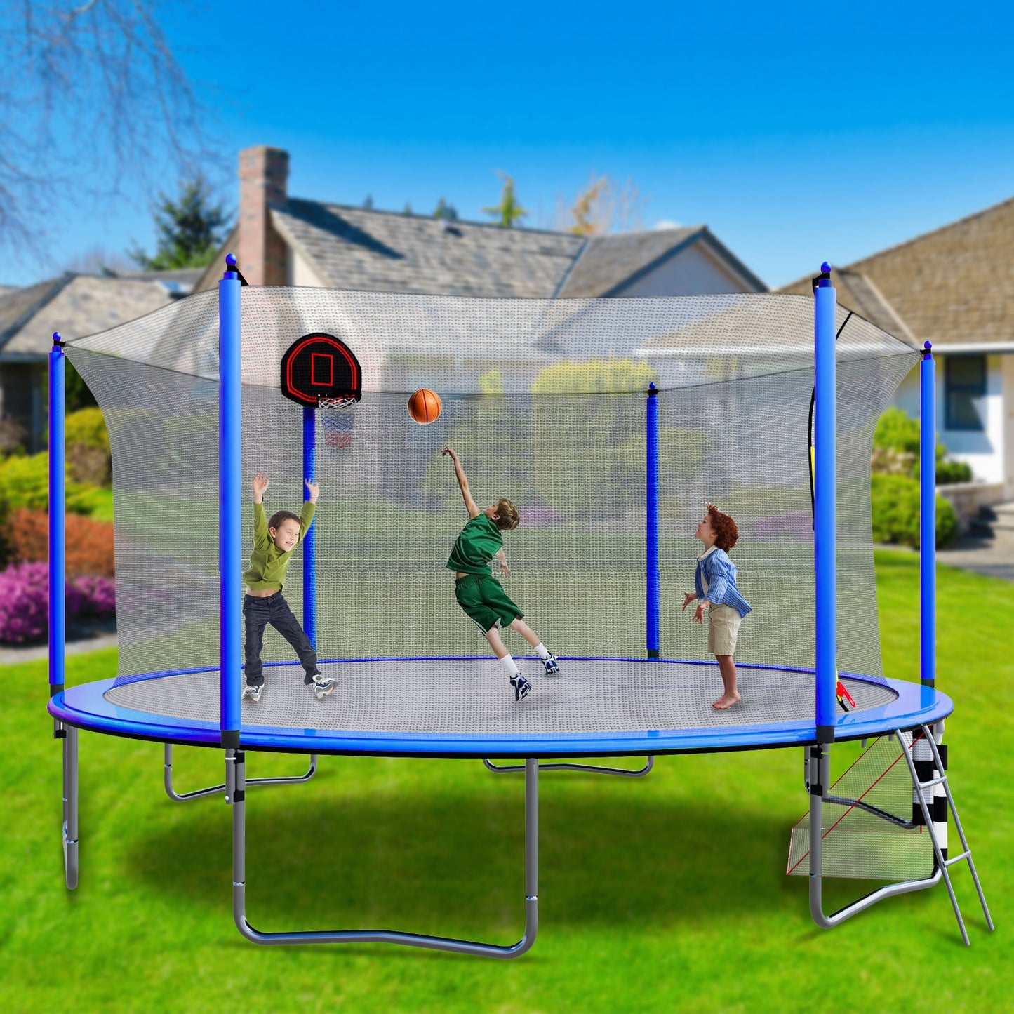 Blue 16FT Trampoline with Basketball Hoop, Pump, Ladder, Inner Safety Enclosure & Soccer Goal - 1st Choice Furniture Direct