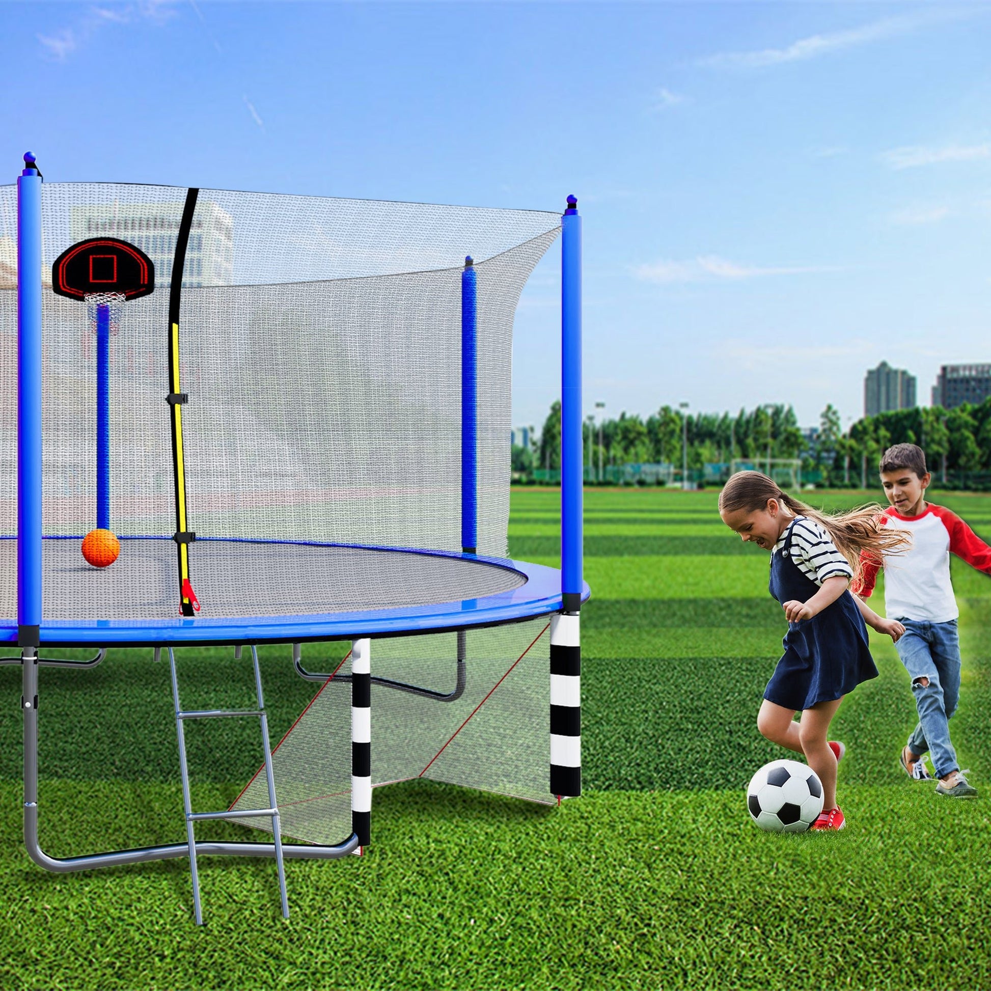 Blue 16FT Trampoline with Basketball Hoop, Pump, Ladder, Inner Safety Enclosure & Soccer Goal - 1st Choice Furniture Direct