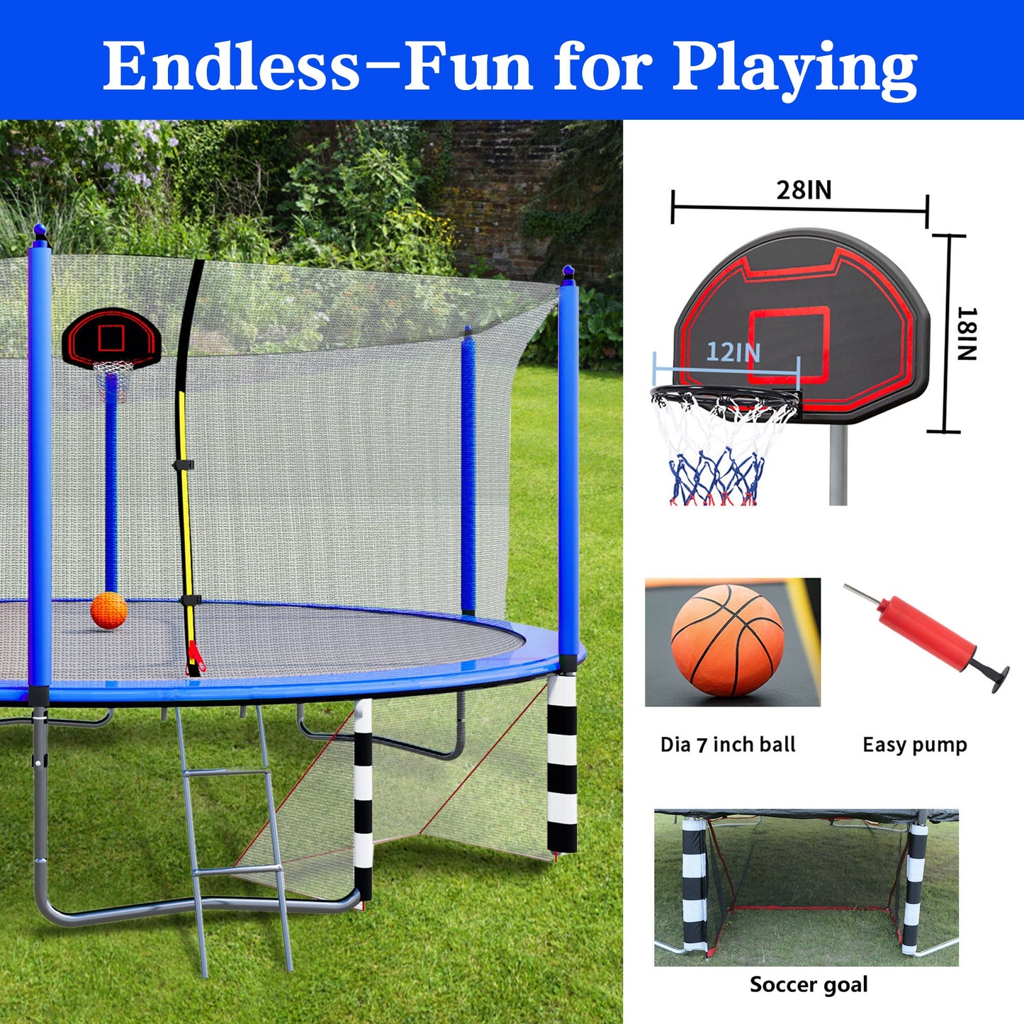 Blue 16FT Trampoline with Basketball Hoop, Pump, Ladder, Inner Safety Enclosure & Soccer Goal - 1st Choice Furniture Direct
