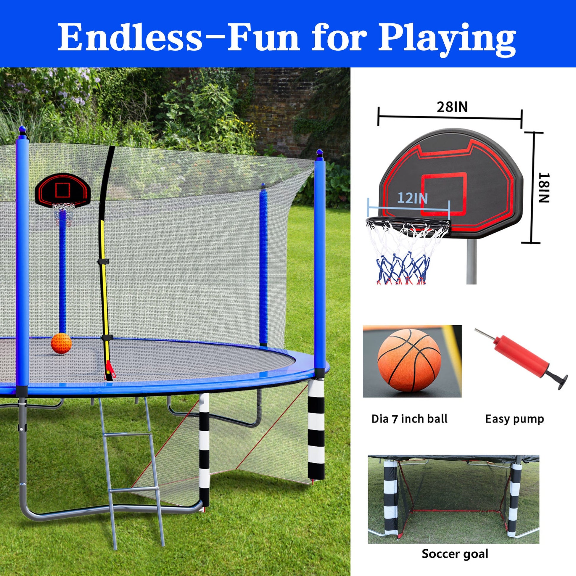 Blue 16FT Trampoline with Basketball Hoop, Pump, Ladder, Inner Safety Enclosure & Soccer Goal - 1st Choice Furniture Direct