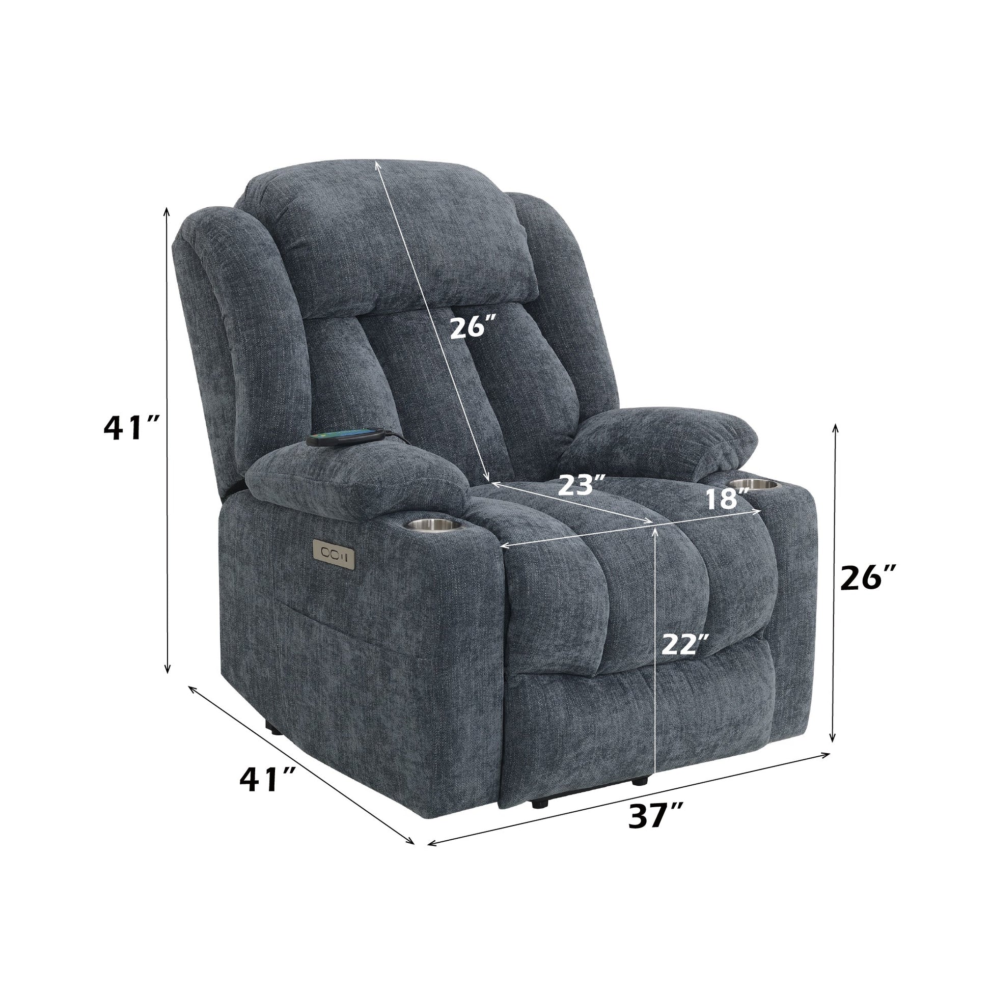 Blue Chenille Power Lift Recliner with Heat, Massage & USB Charging - 1st Choice Furniture Direct