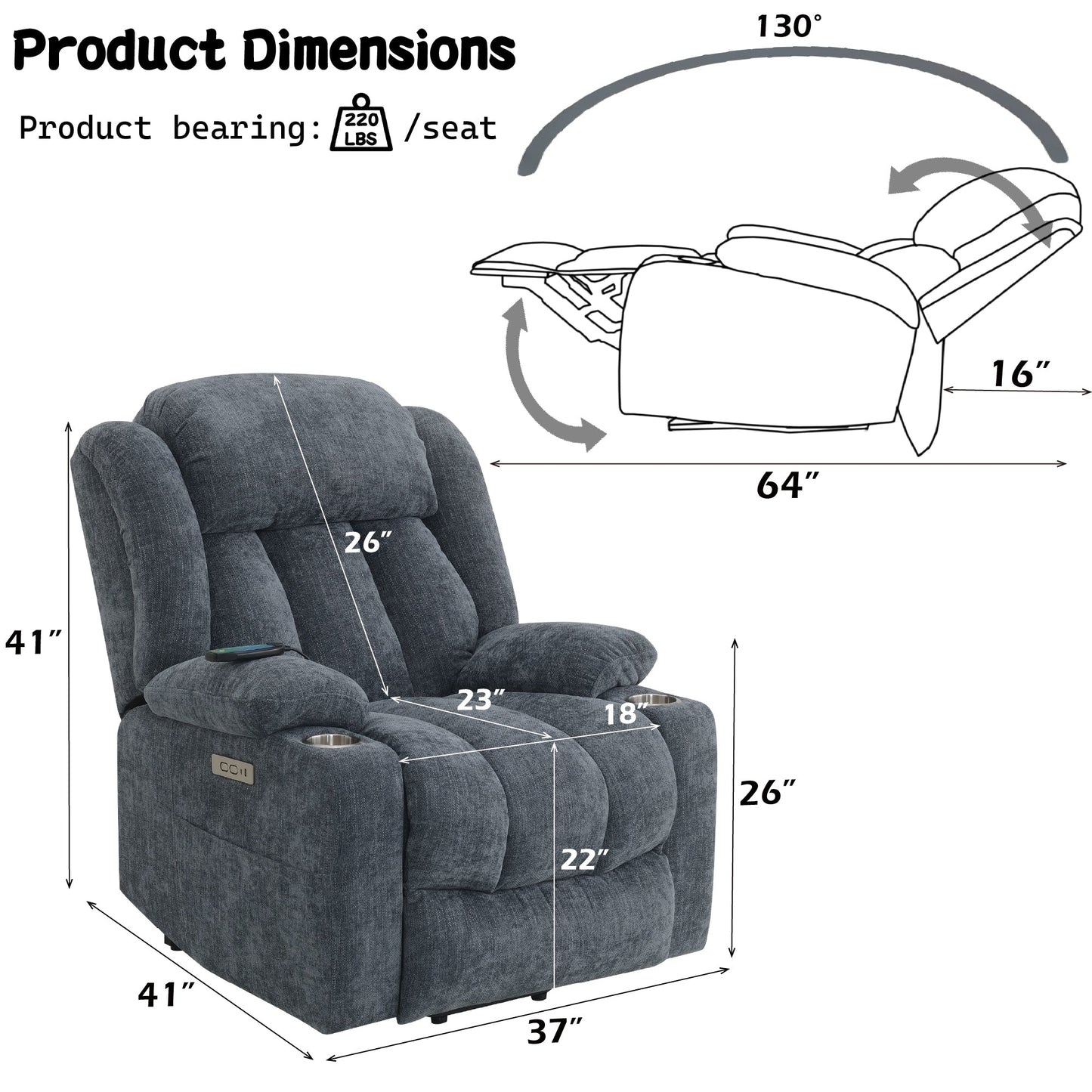 Blue Chenille Power Lift Recliner with Heat, Massage & USB Charging - 1st Choice Furniture Direct