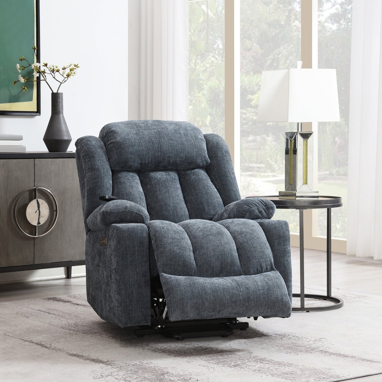 Blue Chenille Power Lift Recliner with Heat, Massage & USB Charging - 1st Choice Furniture Direct