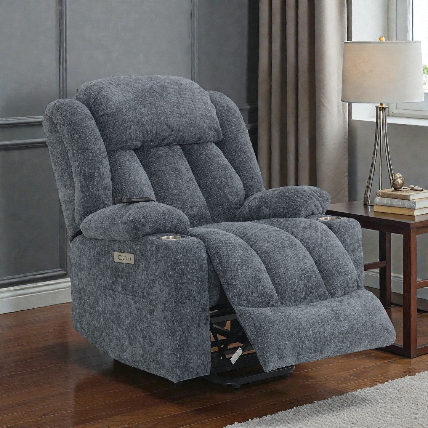 Blue Chenille Power Lift Recliner with Heat, Massage & USB Charging - 1st Choice Furniture Direct