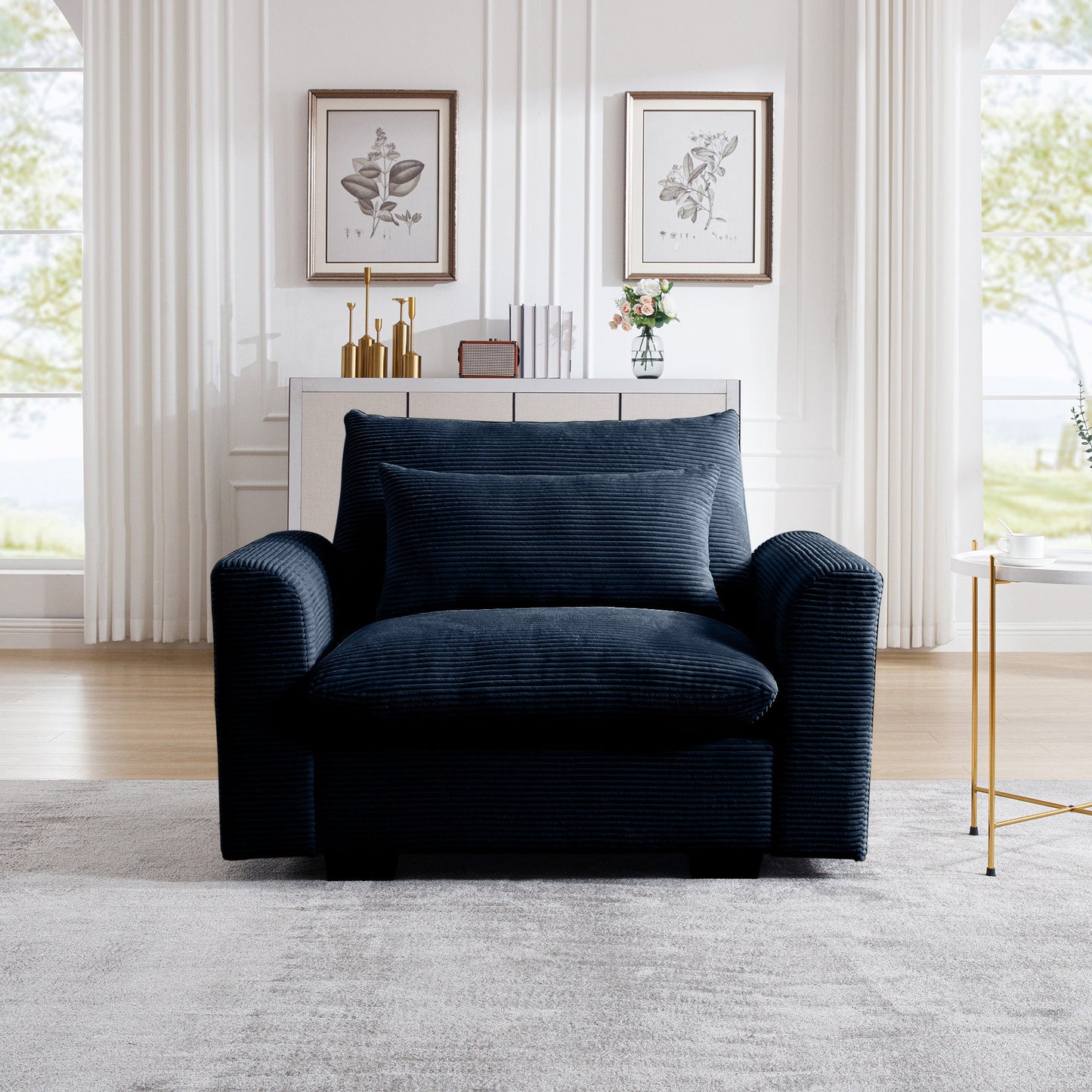 Blue Corduroy Deep Seat Single Sofa Accent Chair,Deep Seat Couch with Waist Pillow for Living Room/Apartment/Office - 1st Choice Furniture Direct