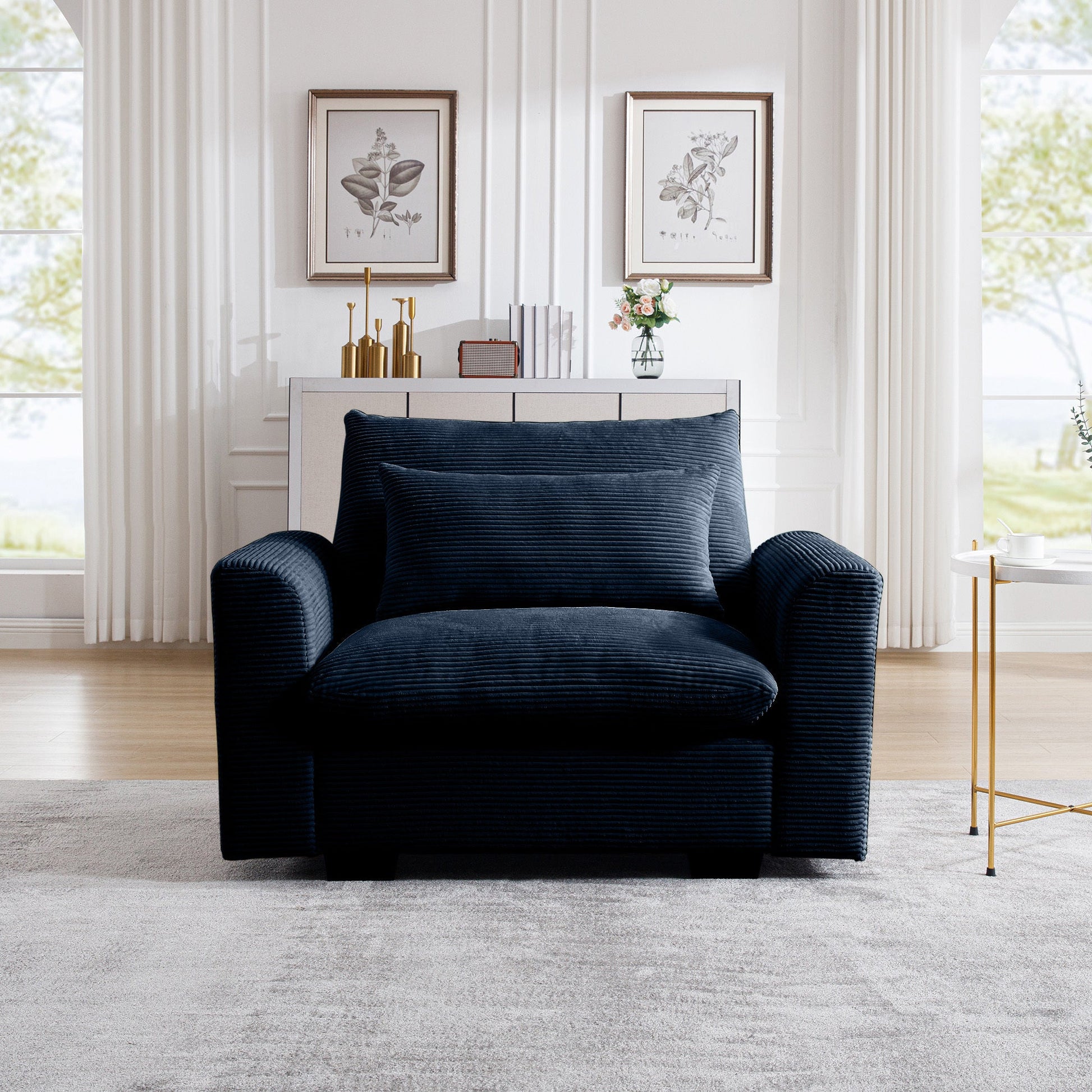 Blue Corduroy Deep Seat Single Sofa Accent Chair,Deep Seat Couch with Waist Pillow for Living Room/Apartment/Office - 1st Choice Furniture Direct