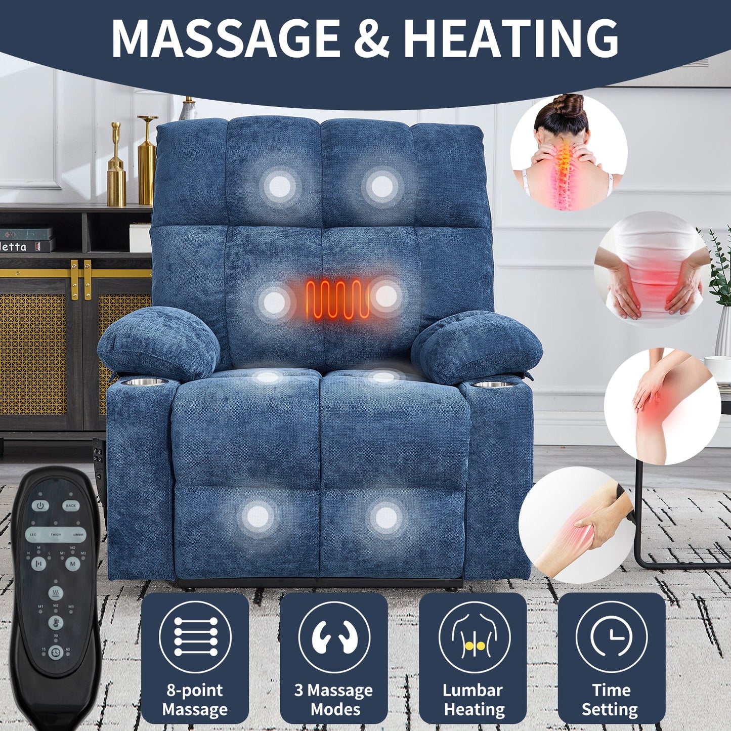 Blue Dual Motor Infinite Position Up to 350 LBS Chenille Power Lift Recliner Chair, Heavy Duty Motion Mechanism with 8 - Point Vibration Massage and Lumbar Heating, Dual Cup Holders - 1st Choice Furniture Direct