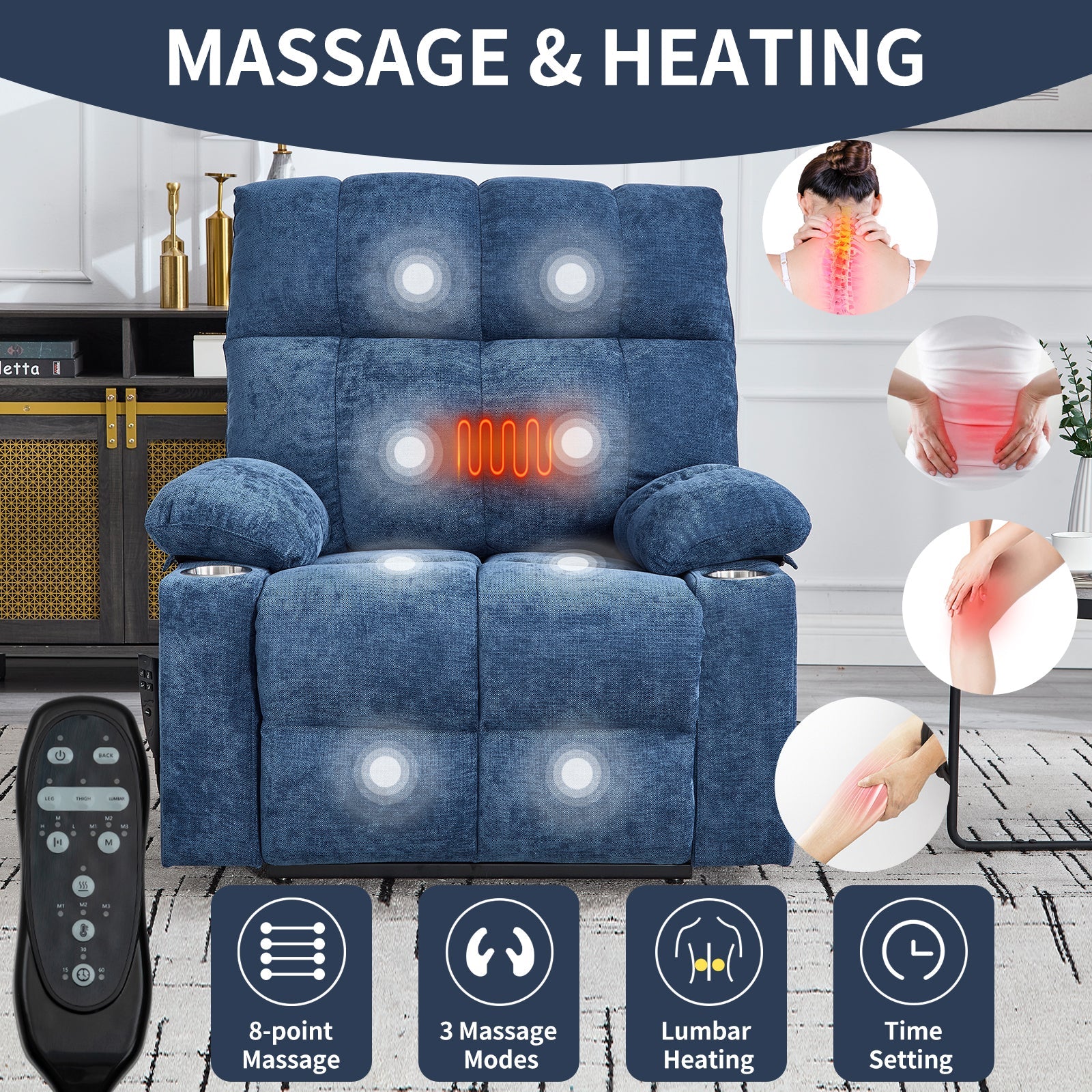 Blue Dual Motor Infinite Position Up to 350 LBS Chenille Power Lift Recliner Chair, Heavy Duty Motion Mechanism with 8 - Point Vibration Massage and Lumbar Heating, Dual Cup Holders - 1st Choice Furniture Direct