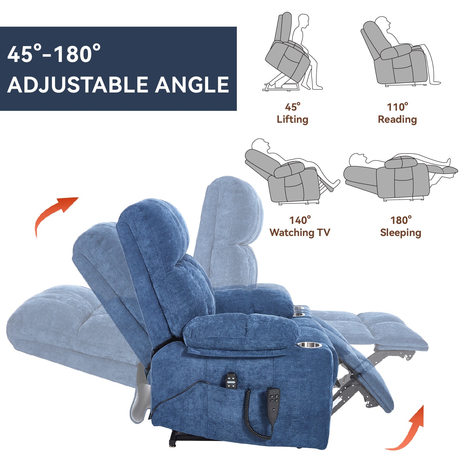 Blue Dual Motor Infinite Position Up to 350 LBS Chenille Power Lift Recliner Chair, Heavy Duty Motion Mechanism with 8 - Point Vibration Massage and Lumbar Heating, Dual Cup Holders - 1st Choice Furniture Direct