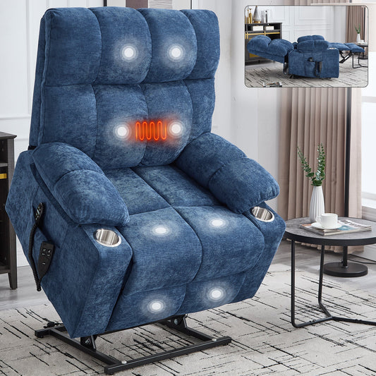 Blue Dual Motor Infinite Position Up to 350 LBS Chenille Power Lift Recliner Chair, Heavy Duty Motion Mechanism with 8 - Point Vibration Massage and Lumbar Heating, Dual Cup Holders - 1st Choice Furniture Direct