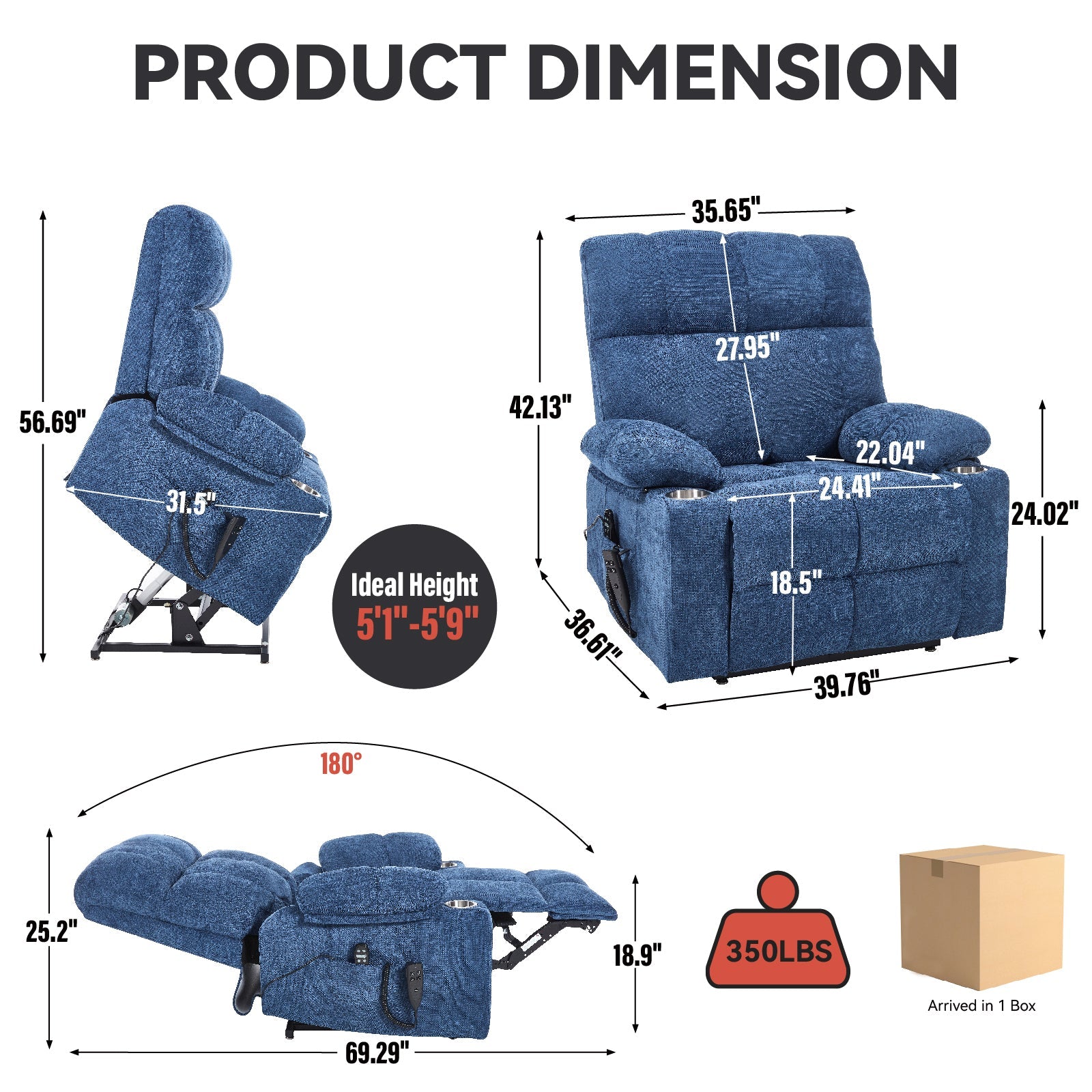 Blue Dual Motor Infinite Position Up to 350 LBS Chenille Power Lift Recliner Chair, Heavy Duty Motion Mechanism with 8 - Point Vibration Massage and Lumbar Heating, Dual Cup Holders - 1st Choice Furniture Direct