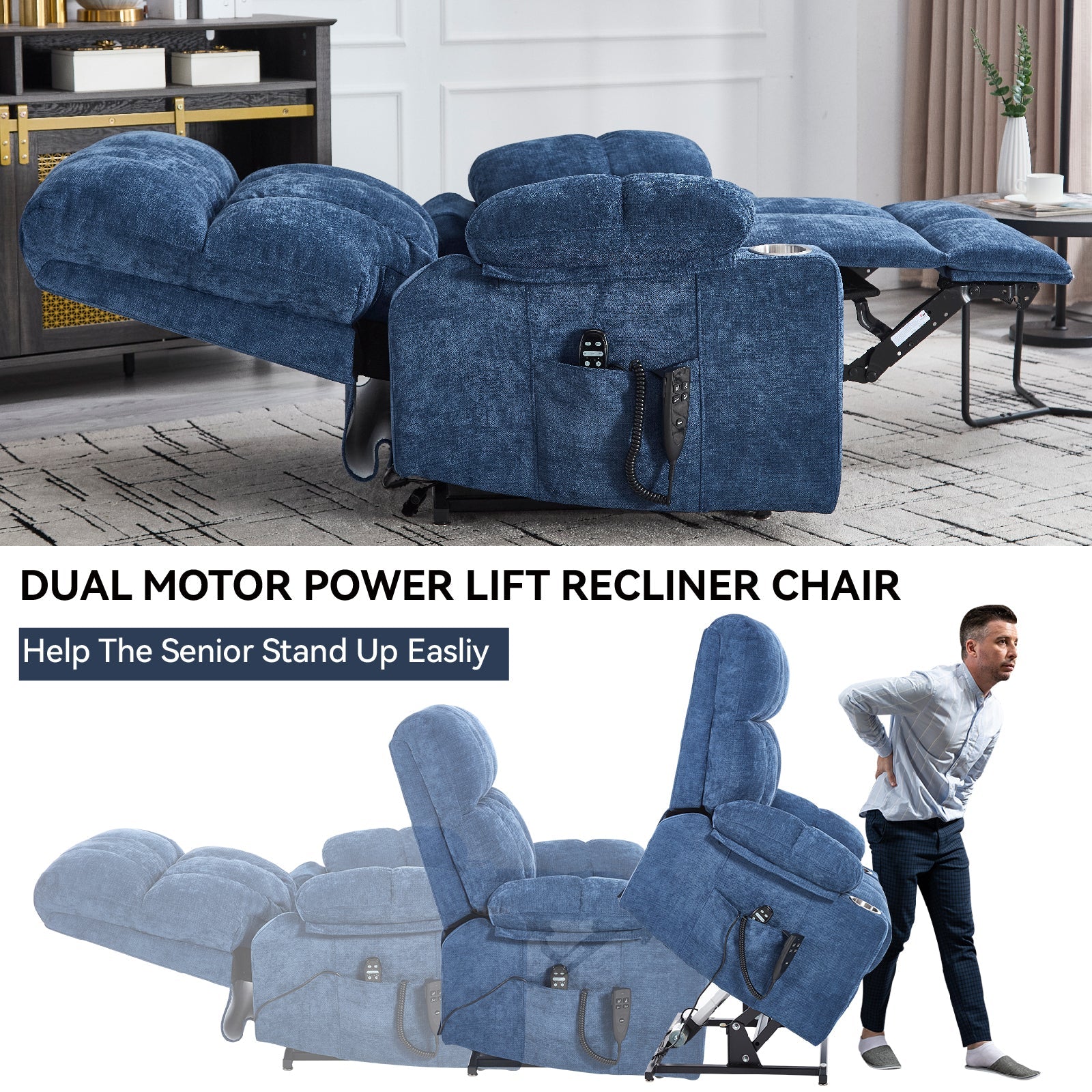 Blue Dual Motor Infinite Position Up to 350 LBS Chenille Power Lift Recliner Chair, Heavy Duty Motion Mechanism with 8 - Point Vibration Massage and Lumbar Heating, Dual Cup Holders - 1st Choice Furniture Direct