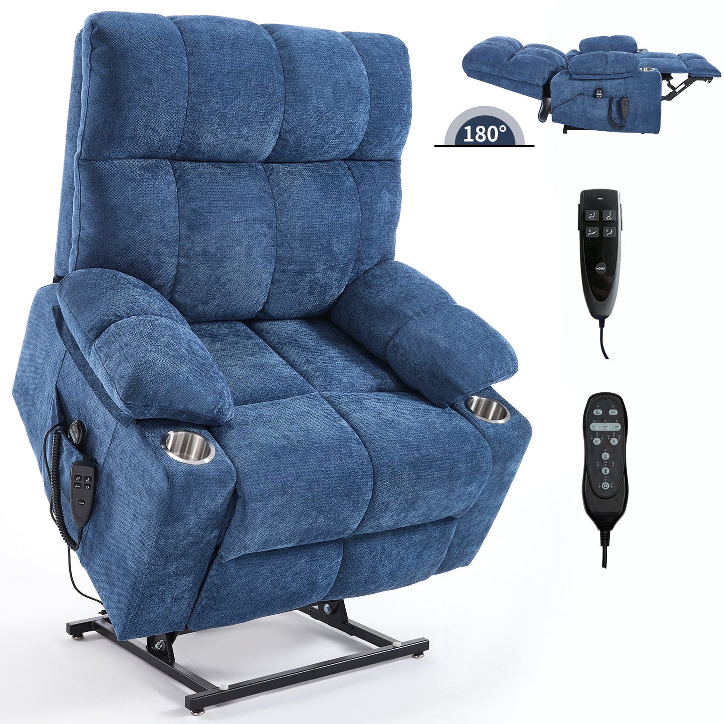 Blue Dual Motor Infinite Position Up to 350 LBS Chenille Power Lift Recliner Chair, Heavy Duty Motion Mechanism with 8 - Point Vibration Massage and Lumbar Heating, Dual Cup Holders - 1st Choice Furniture Direct