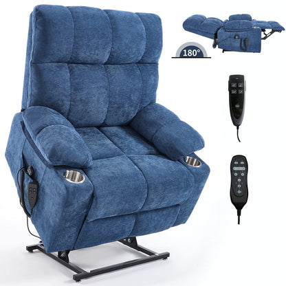 Blue Dual Motor Infinite Position Up to 350 LBS Chenille Power Lift Recliner Chair, Heavy Duty Motion Mechanism with 8 - Point Vibration Massage and Lumbar Heating, Dual Cup Holders - 1st Choice Furniture Direct