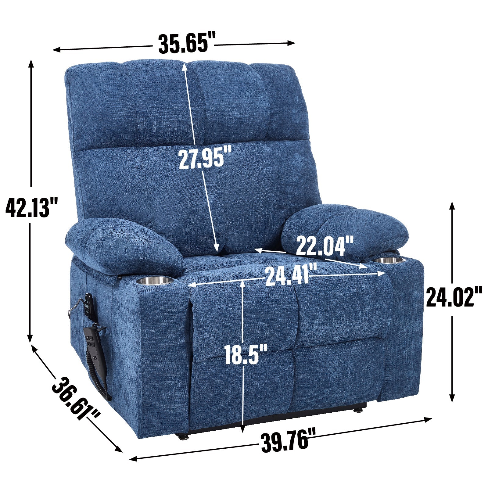 Blue Dual Motor Infinite Position Up to 350 LBS Chenille Power Lift Recliner Chair, Heavy Duty Motion Mechanism with 8 - Point Vibration Massage and Lumbar Heating, Dual Cup Holders - 1st Choice Furniture Direct