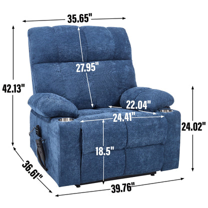 Blue Dual Motor Infinite Position Up to 350 LBS Chenille Power Lift Recliner Chair, Heavy Duty Motion Mechanism with 8 - Point Vibration Massage and Lumbar Heating, Dual Cup Holders - 1st Choice Furniture Direct