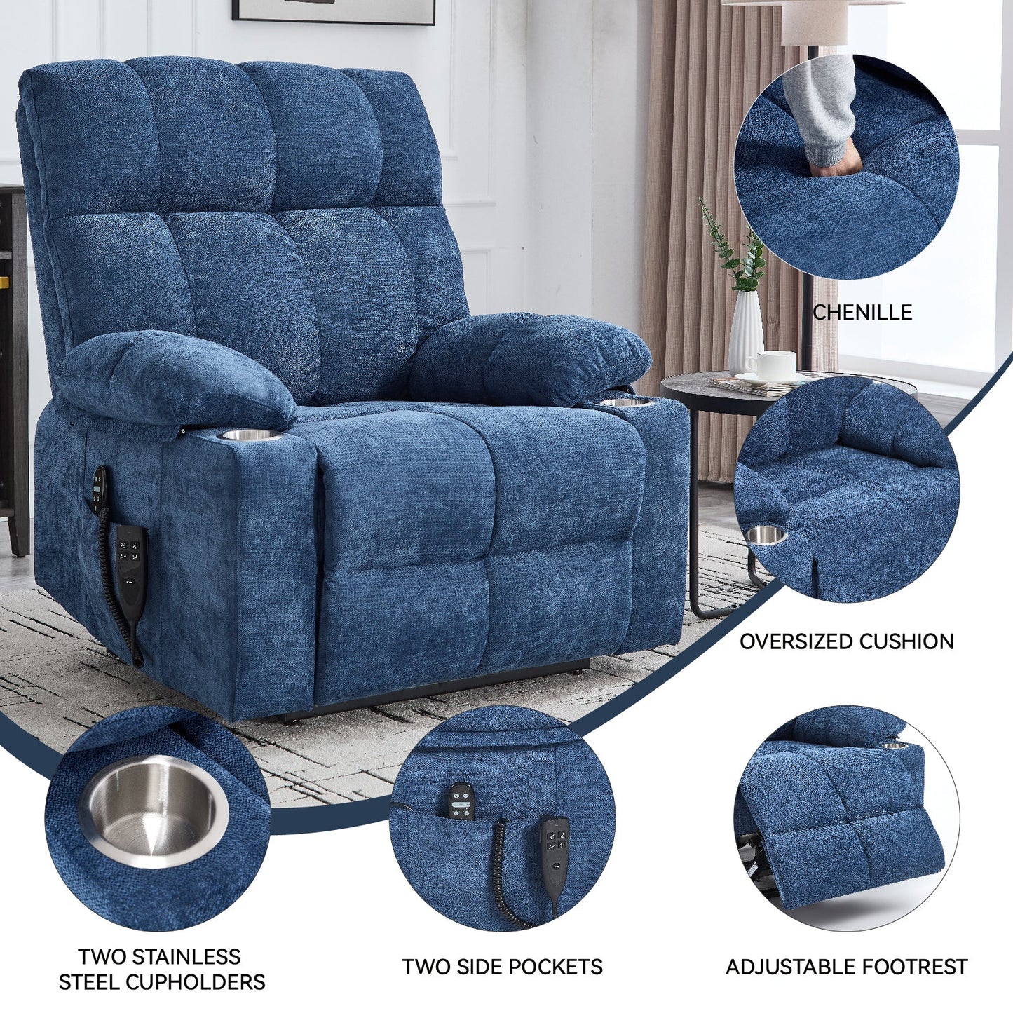 Blue Dual Motor Infinite Position Up to 350 LBS Chenille Power Lift Recliner Chair, Heavy Duty Motion Mechanism with 8 - Point Vibration Massage and Lumbar Heating, Dual Cup Holders - 1st Choice Furniture Direct