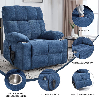 Blue Dual Motor Infinite Position Up to 350 LBS Chenille Power Lift Recliner Chair, Heavy Duty Motion Mechanism with 8 - Point Vibration Massage and Lumbar Heating, Dual Cup Holders - 1st Choice Furniture Direct