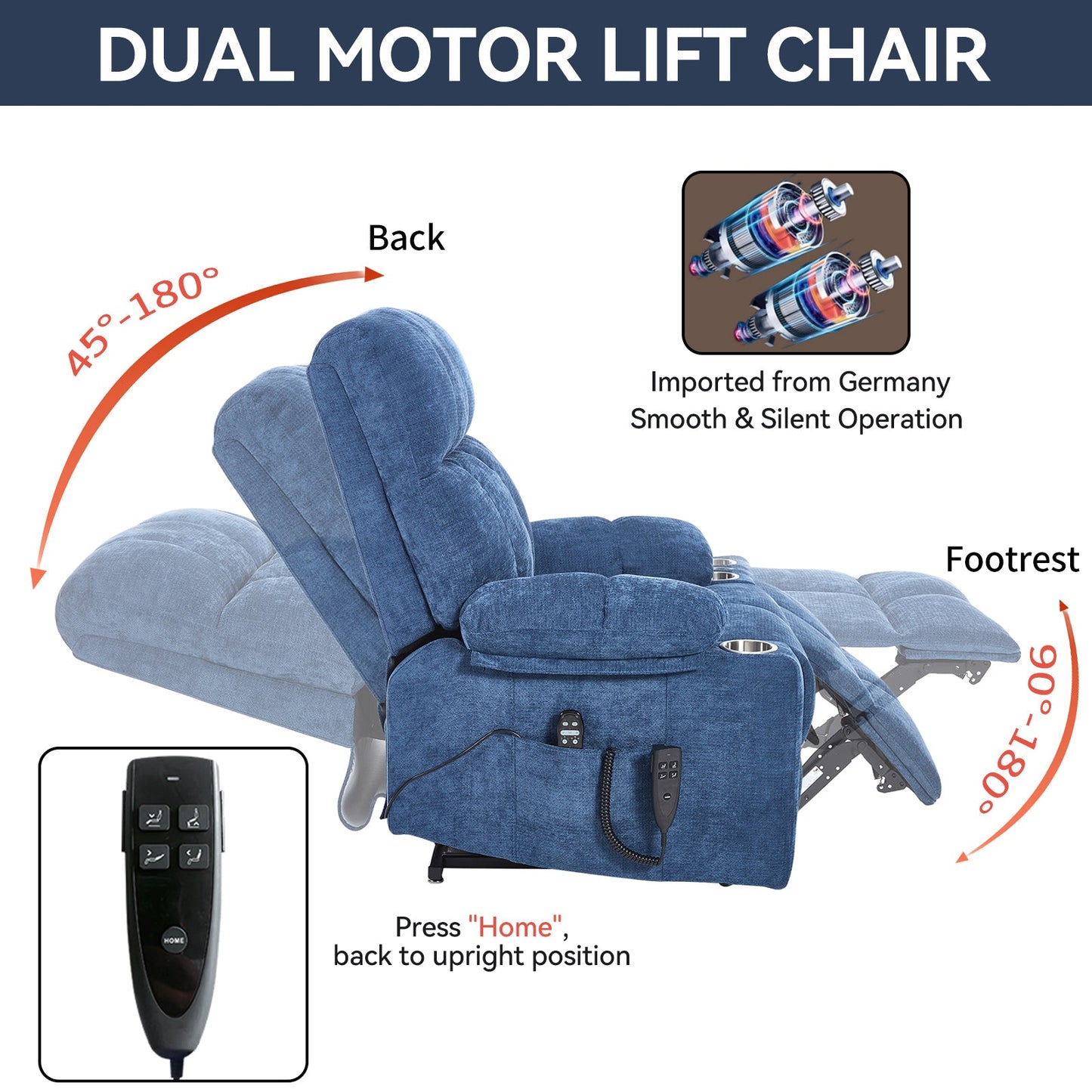 Blue Dual Motor Infinite Position Up to 350 LBS Chenille Power Lift Recliner Chair, Heavy Duty Motion Mechanism with 8 - Point Vibration Massage and Lumbar Heating, Dual Cup Holders - 1st Choice Furniture Direct