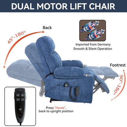 Blue Dual Motor Infinite Position Up to 350 LBS Chenille Power Lift Recliner Chair, Heavy Duty Motion Mechanism with 8 - Point Vibration Massage and Lumbar Heating, Dual Cup Holders - 1st Choice Furniture Direct