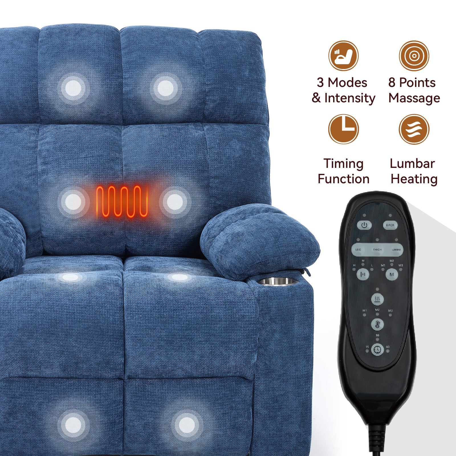 Blue Dual Motor Infinite Position Up to 350 LBS Chenille Power Lift Recliner Chair, Heavy Duty Motion Mechanism with 8 - Point Vibration Massage and Lumbar Heating, Dual Cup Holders - 1st Choice Furniture Direct
