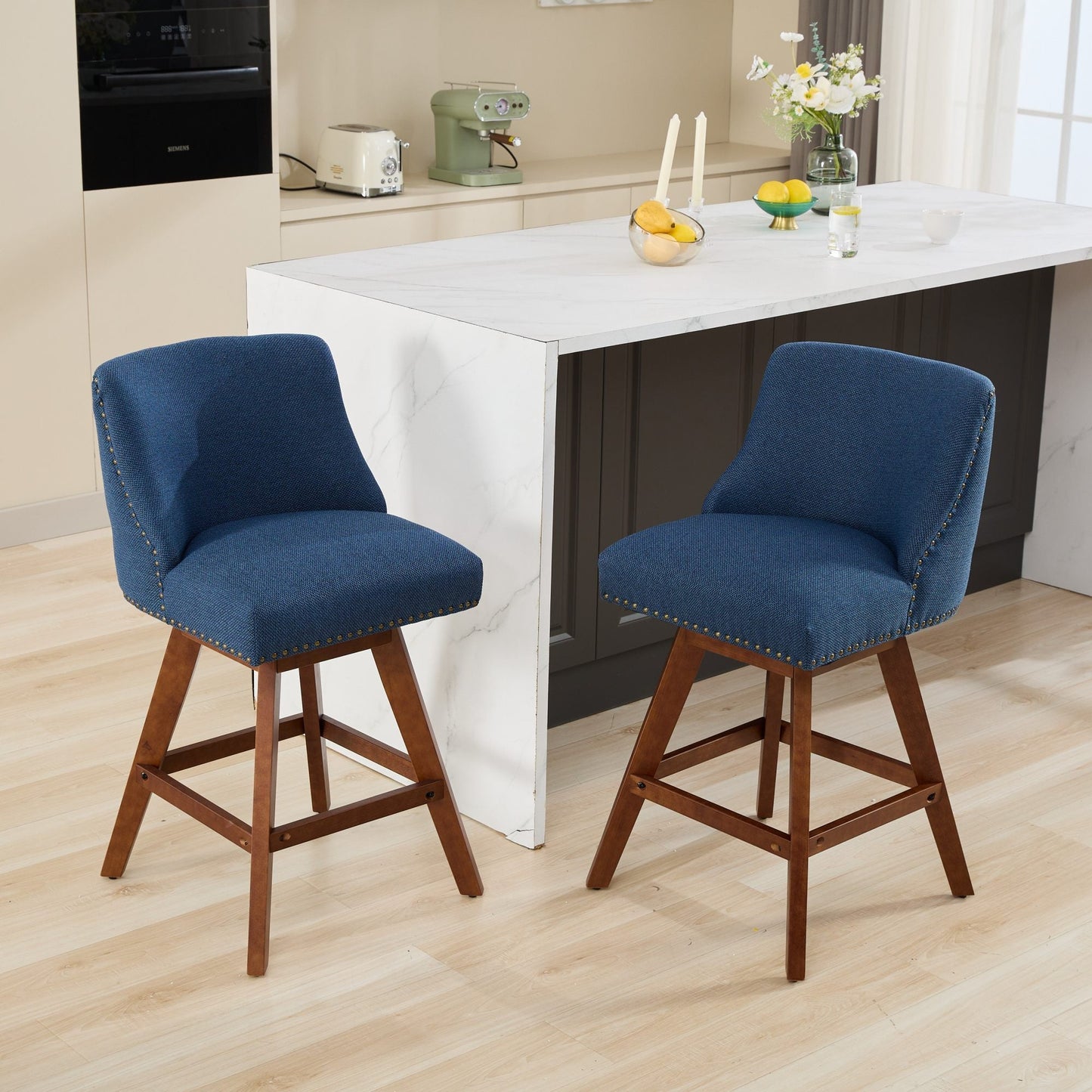 Blue Fabric Swivel Bar Stools Set of 2 | 26” Counter Height Chairs with Wood Frame - 1st Choice Furniture Direct