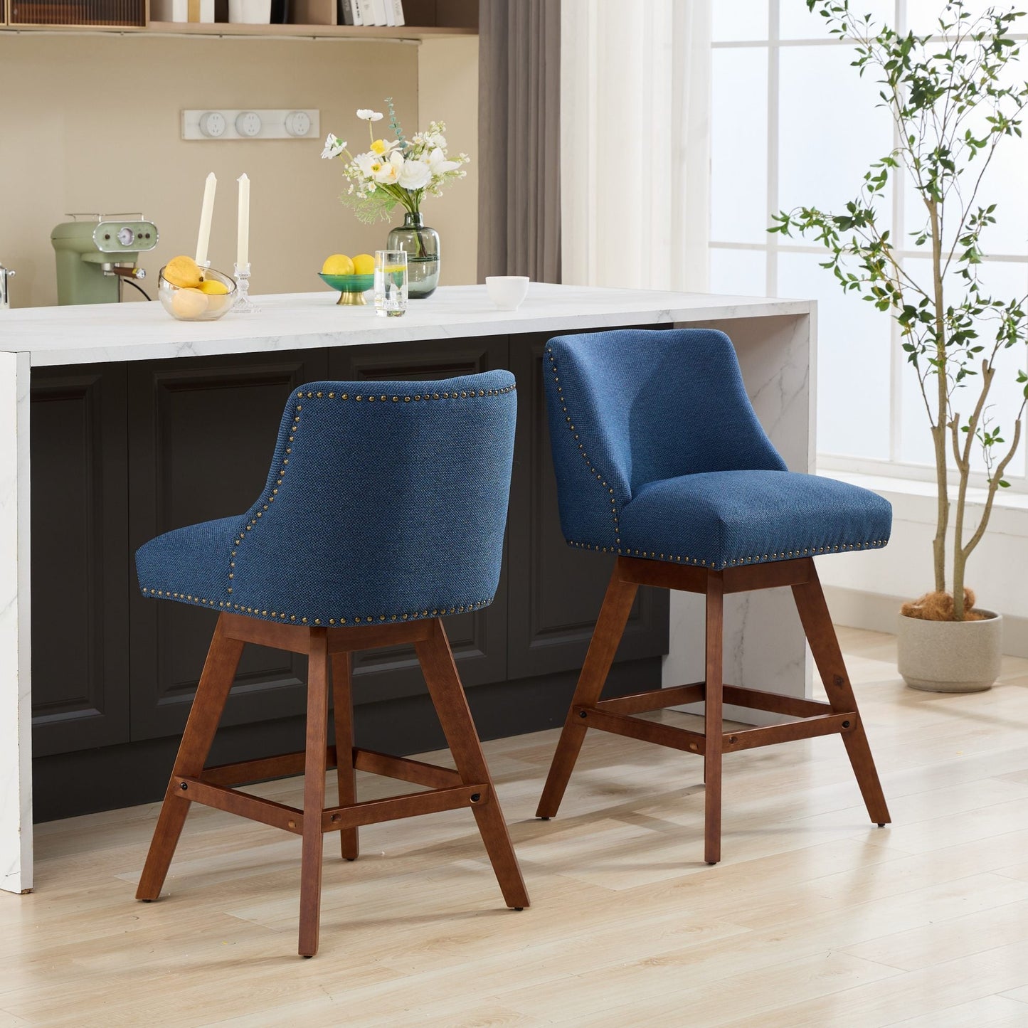 Blue Fabric Swivel Bar Stools Set of 2 | 26” Counter Height Chairs with Wood Frame - 1st Choice Furniture Direct