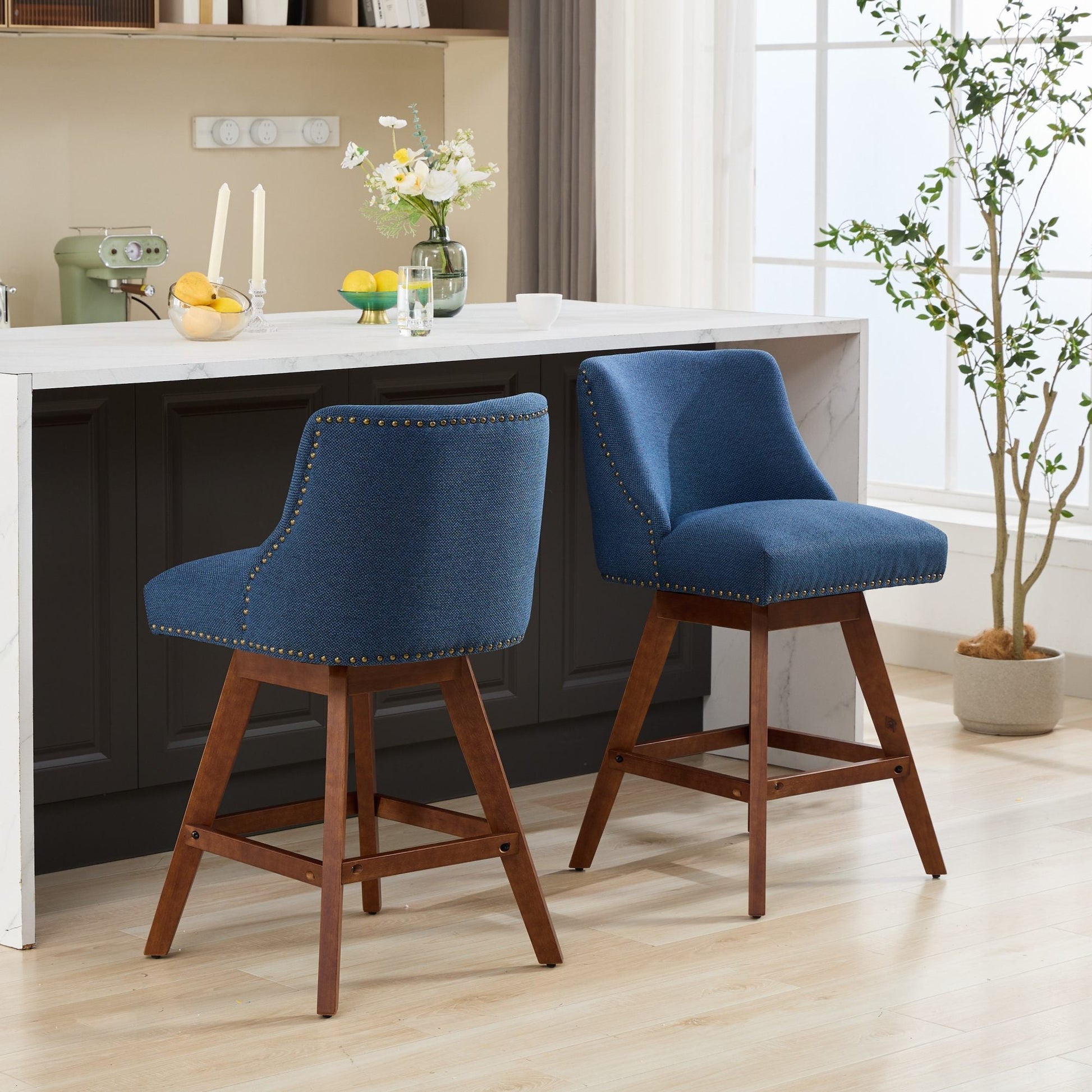 Blue Fabric Swivel Bar Stools Set of 2 | 26” Counter Height Chairs with Wood Frame - 1st Choice Furniture Direct