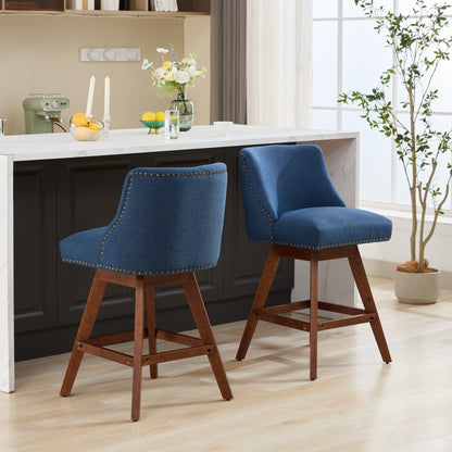 Blue Fabric Swivel Bar Stools Set of 2 | 26” Counter Height Chairs with Wood Frame - 1st Choice Furniture Direct