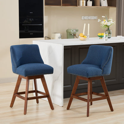 Blue Fabric Swivel Bar Stools Set of 2 | 26” Counter Height Chairs with Wood Frame - 1st Choice Furniture Direct