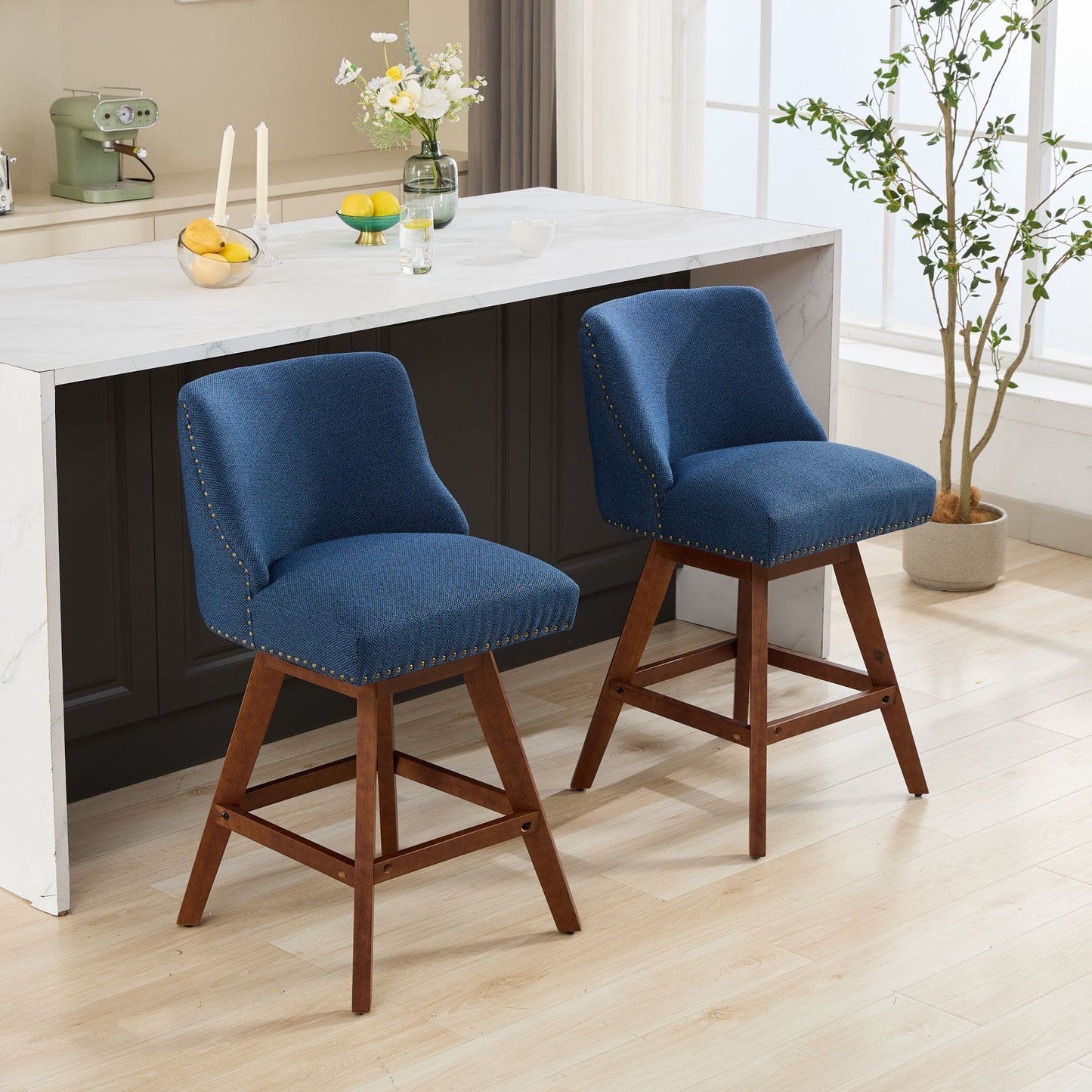 Blue Fabric Swivel Bar Stools Set of 2 | 26” Counter Height Chairs with Wood Frame - 1st Choice Furniture Direct